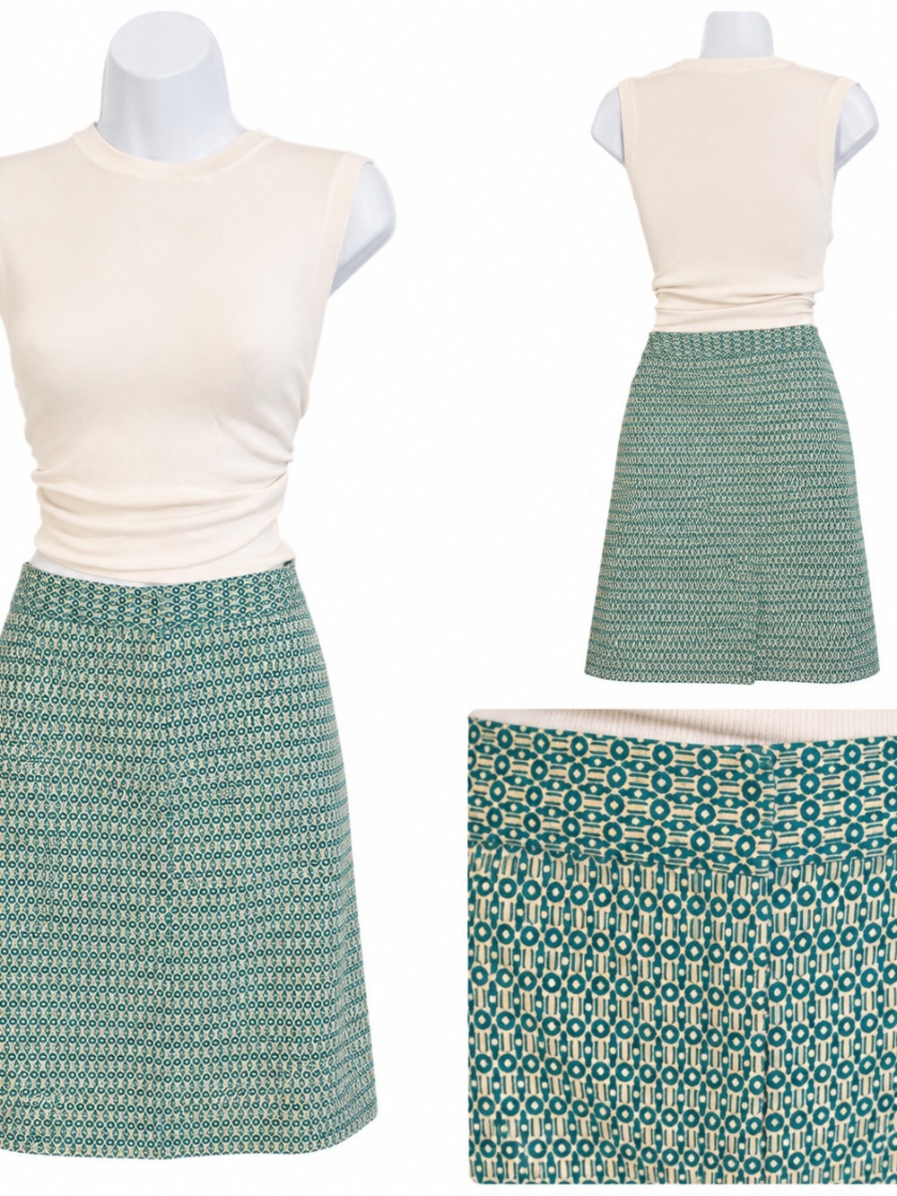 August Silk Teal & Cream Geometric Print A-Line Skirt